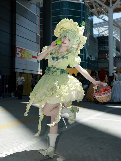 Green Ruffled Sweet Lolita Fluffy OP Dress Full Set