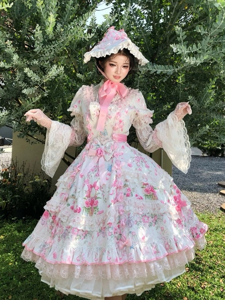 Sweet Floral Old-School OP Dress with Puff Sleeves & Tiered Skirt - Cat Magician
