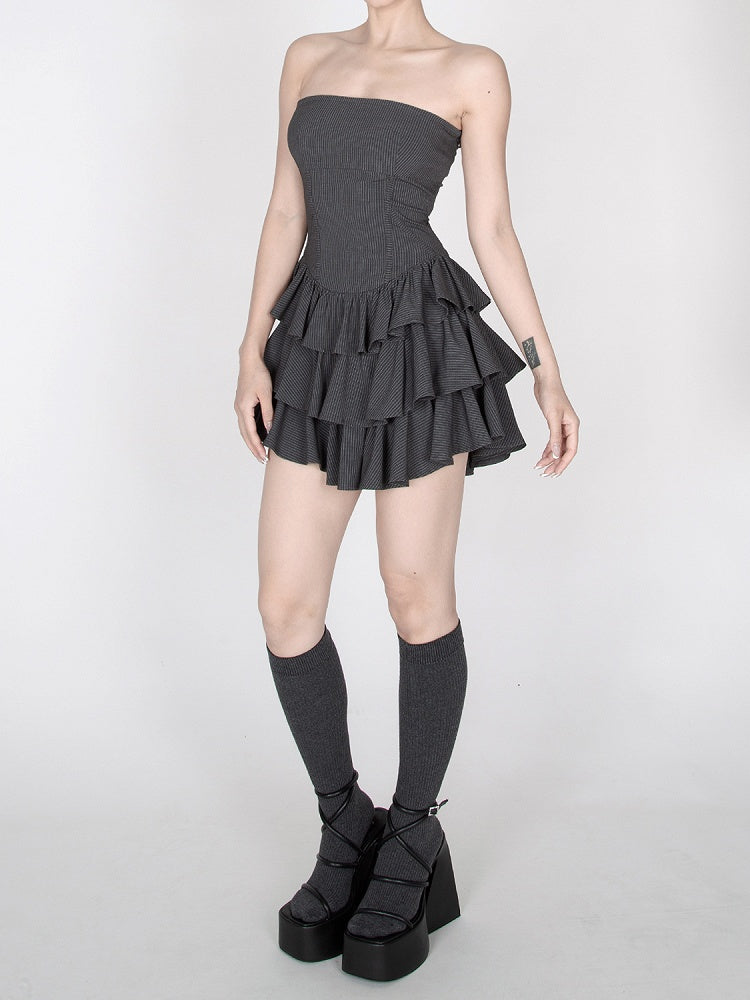 Dark Gray Striped Tiered Ruffles Mini Skirt Strapless Dress