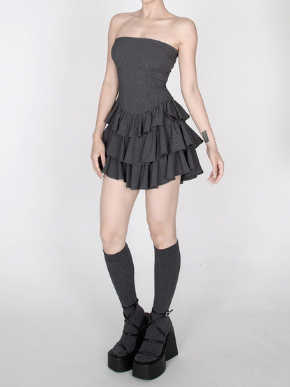 Dark Gray Striped Tiered Ruffles Mini Skirt Strapless Dress