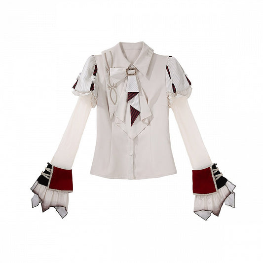Beige Red Juliette Sleeves Preppy Lolita Blouse Asymmetric Cuffs - Unknown Star
