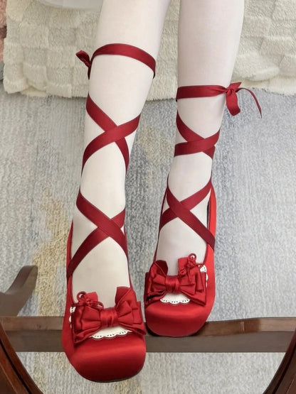 Sweet Red Lolita Low-heel Mary Jane Shoes in Satin with Lace-up at Ankle, Detachable Ankle Strap & Heart Fastener