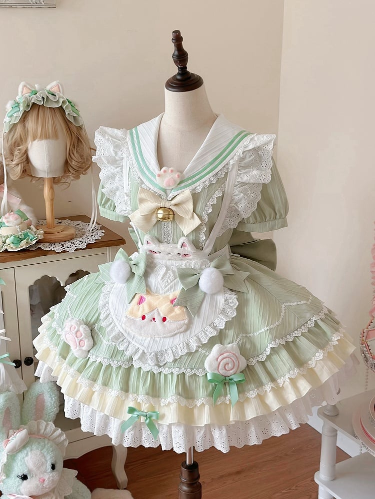 Herzförmige grüne Lolita-Schürze mit Maid-Matcha-Kragen, süßes Matrosen-Kätzchen-Kleid