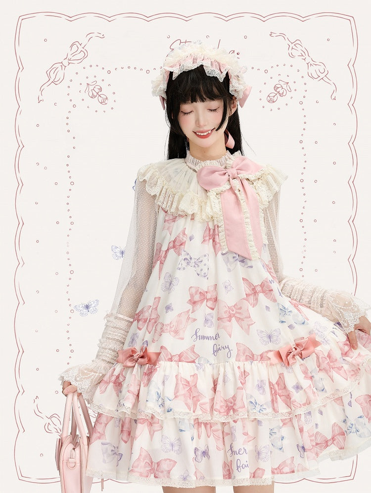 Pink Big Bowknot on Neckline Bows Double Layered Lolita Dress