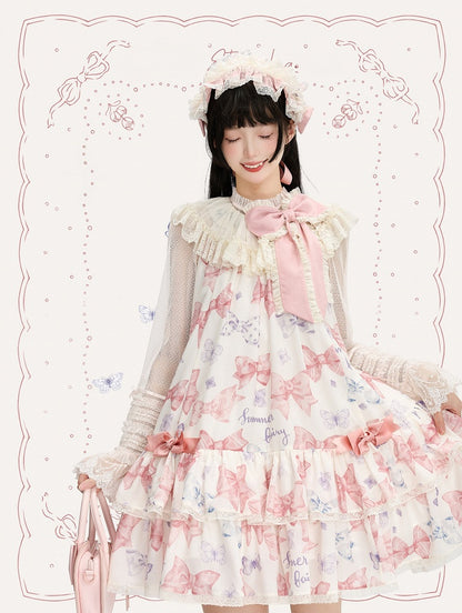 Pink Big Bowknot on Neckline Bows Double Layered Lolita Dress