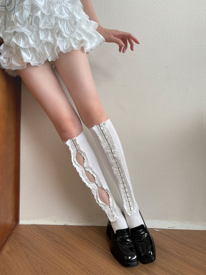 Calf Brassiere Ruffle Socks White/Black Cutout Buckle Design