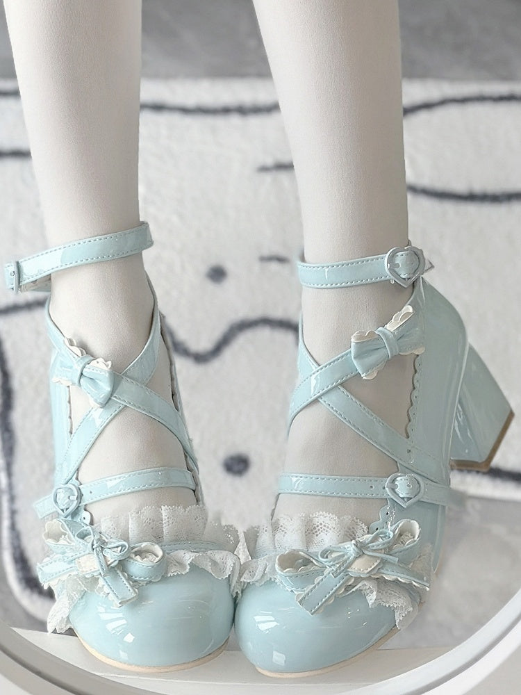 PU Mary Lace Heart Janes Mint Mittelhoher Absatz Runde Schnallen Niedlicher Lederbesatz Rüschen