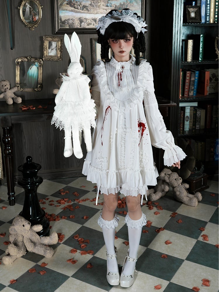 Kurzes Korsett Brosche OP Version Gürtel Gothic Set Pumphose Weiß + Lolita Jabot - Asymmetrisch