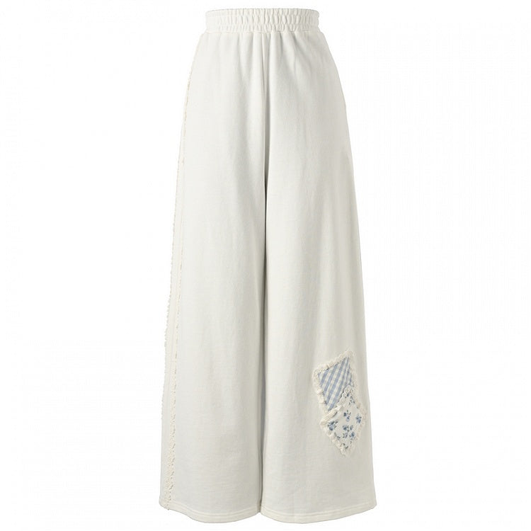 Blue/White Elastic Waist Floral Applique Wide-Leg Pants Regular/Short Version
