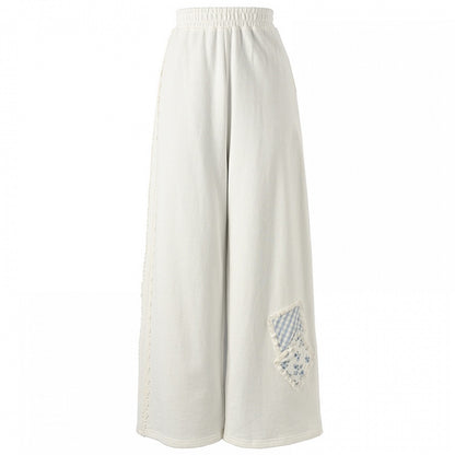 Blue/White Elastic Waist Floral Applique Wide-Leg Pants Regular/Short Version