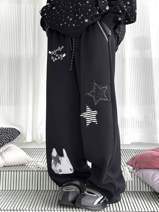 Waistband Elastic Pants Appliques Black with Kawaii Star Daily