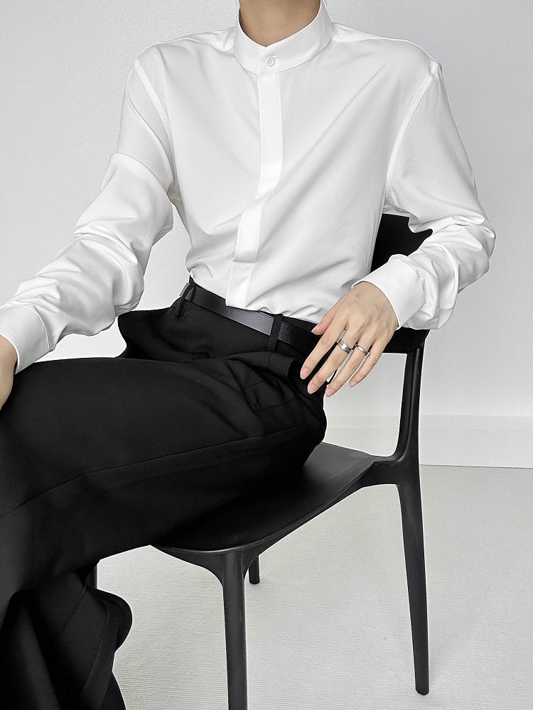 Ouji Lolita White Unisex Long Sleeve Shirt with Mandarin Collar & Button-Down Front