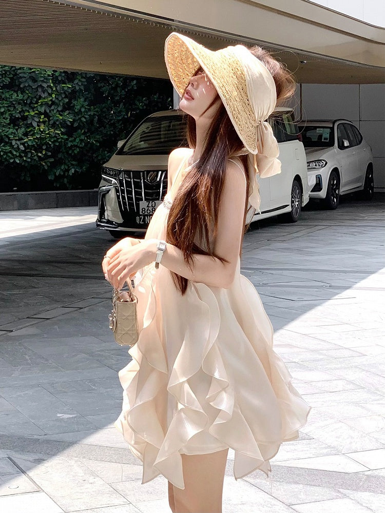 Apricot Sequins Ruffle Hem Summer Holiday Dress - Qchiwawameme