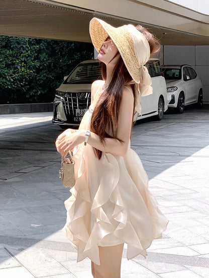 Apricot Sequins Ruffle Hem Summer Holiday Dress - Qchiwawameme