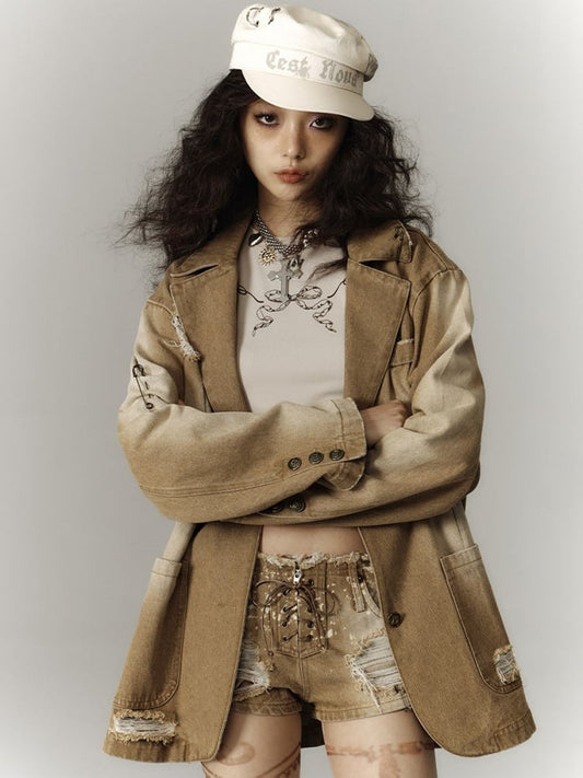 with Punk Blazer Distressed Pins Hole Longline 3D Vintage Pockets Khaki Denim