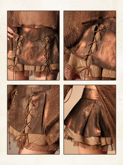 Brown Lace-Up Denim Skirt with Pleats and Shorts - Virtual Orbit