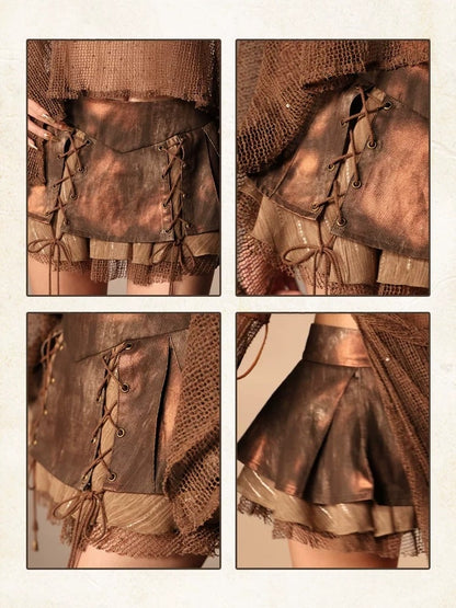 Brown Lace-Up Pleated Denim Skirt with Shorts - Virtual Orbit