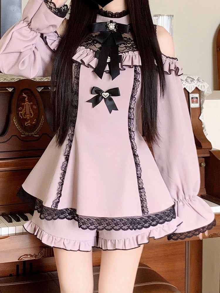 イリュージョンスカートネックラインカットアウトショルダーヘムショーツミニドレスジライケイブラックフリルセットパープル