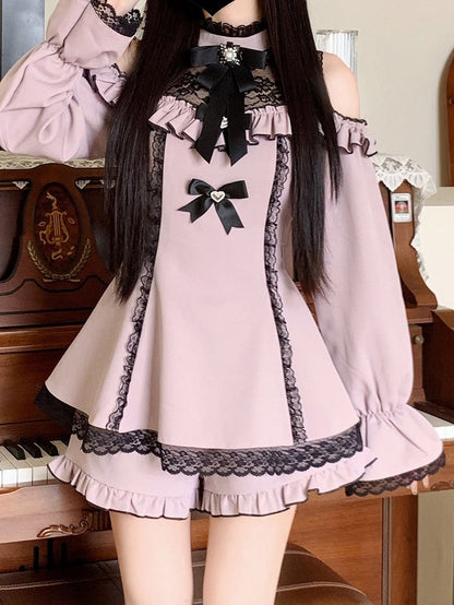 イリュージョンスカートネックラインカットアウトショルダーヘムショーツミニドレスジライケイブラックフリルセットパープル