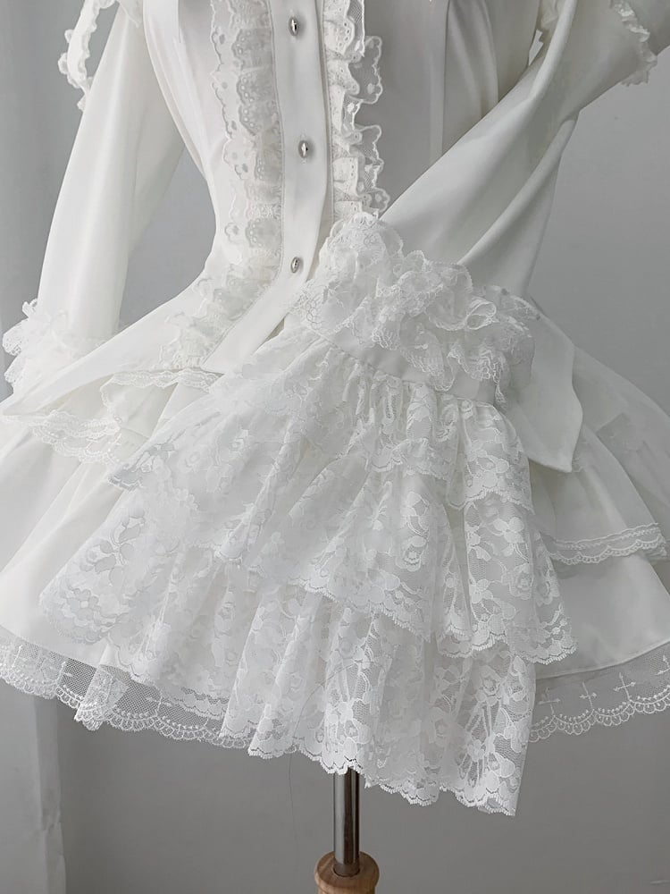 White Gothic Landmine Blouse with Cutout Shoulders, Bell Sleeves and Lace Accents - Ekomi