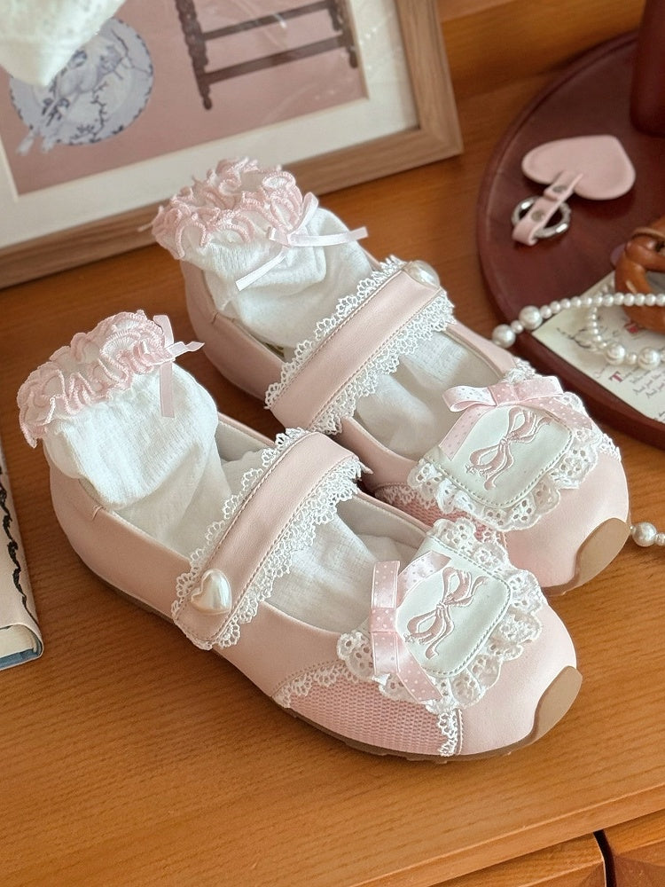 Heart-Embellished Closure Sweet in Pink Velcro Flats Lolita Trim Lace