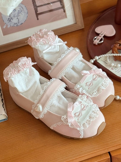 Heart-Embellished Closure Sweet in Pink Velcro Flats Lolita Trim Lace