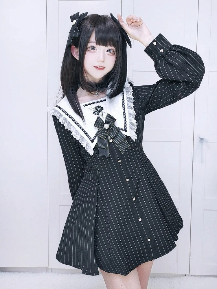 Black Striped Sailor Collar Long-Sleeve Dress with Cherry Blossom Embroidery and Matching Shorts - Dream Core Waves