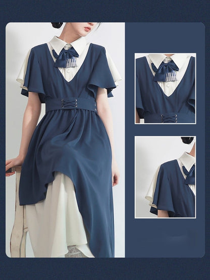 Colorblock White Preppy Dress Bow Tie with Blue Key Waist Piano High