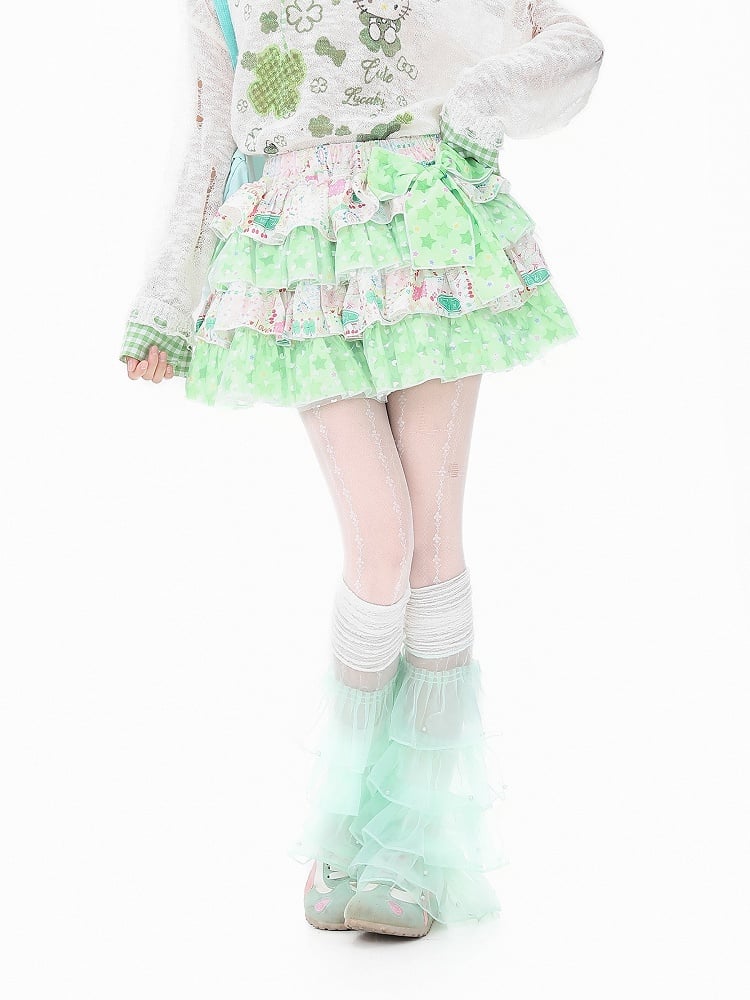 Tiered Skirt Starry with Prints Bow Y2K Botanical Accent Green
