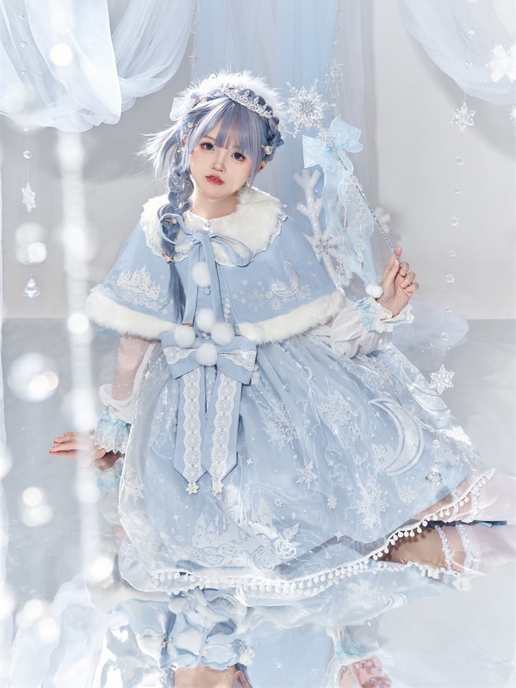 Set Overlay Purple Castle Print Trim Moon Cape Snow with Skirt Plush Light Lace Dress Lolita Jumper