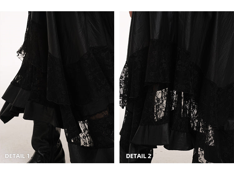Hem Lace Patches Skirt Black Elastic Waist Asymmetrical