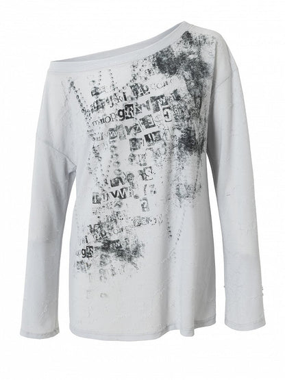 ウェイストランドパンクレターロングトップ、アシンメトリーブルー/ベージュスリーブ、ネックラインプリント