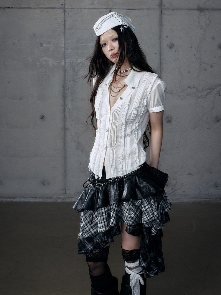 Blouse Wasteland Pleats Punk Short Sleeve White Distressed with Pintuck V-Neck