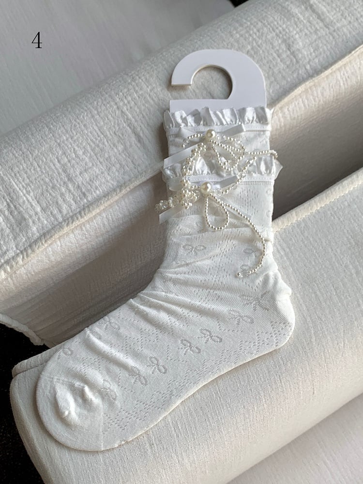 Decorated Lace Beaded White Bowknot Trim Socks