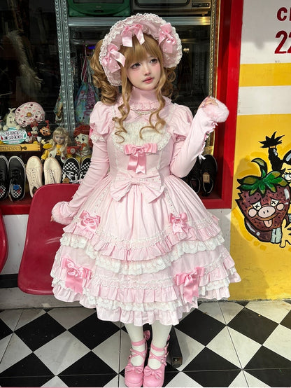 Rosa kurzes Schleifenkleid Old Lolita Accents Puff School mit Ärmeln