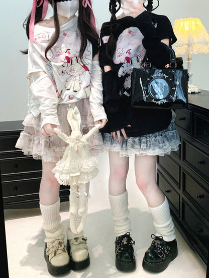 Double-Layered Jirai Kei Lace Black/White/Pink Bunny Ears Design Skirt