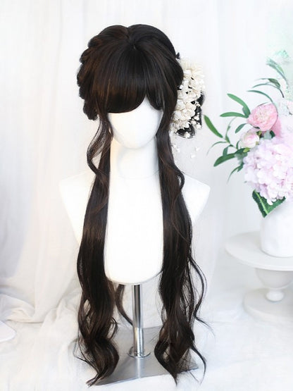 Black 65-70CM Tea Bangs With Side-swept Wig Length Wavy