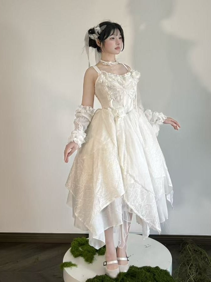 Elegant Asymmetrical Hem Bow Motif Lolita JSK Dress in White - Sweet Wood Lolita