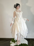 Elegant Asymmetrical Hem Bow Motif Lolita JSK Dress in White - Sweet Wood Lolita