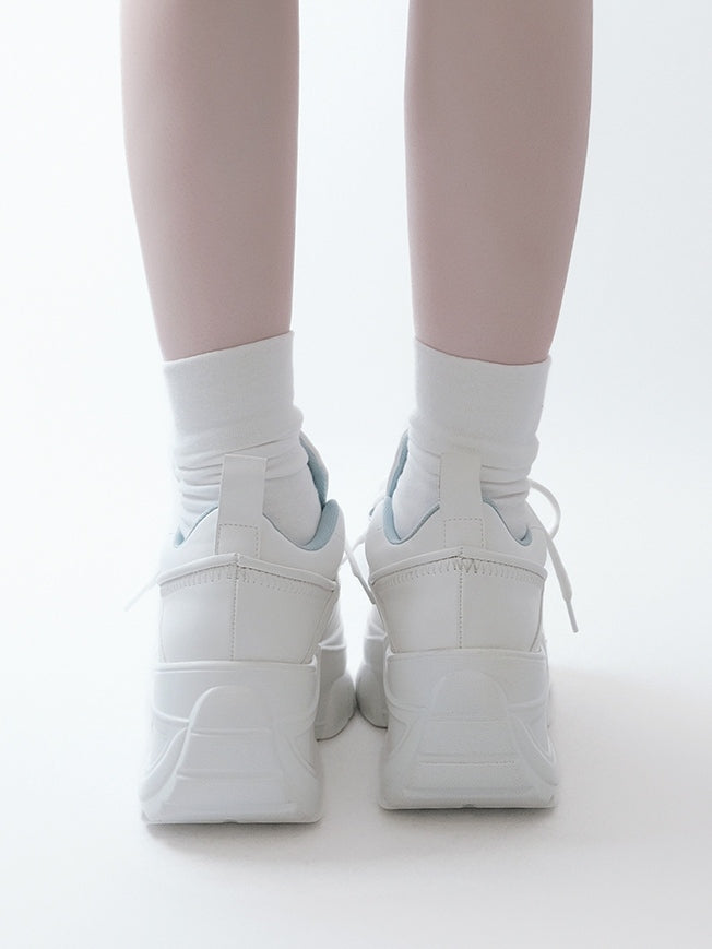 Leather Kei Sneakers in Classic Matte White Platform Lacing with PU System Jirai