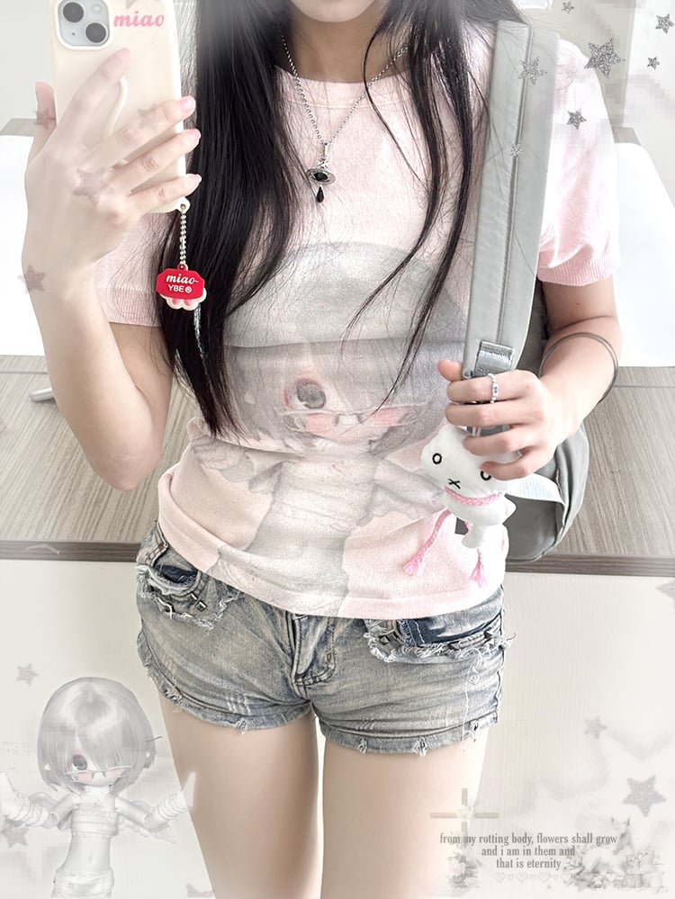 ネックBJDドールプリントスリムフィットTシャツピンクラウンド