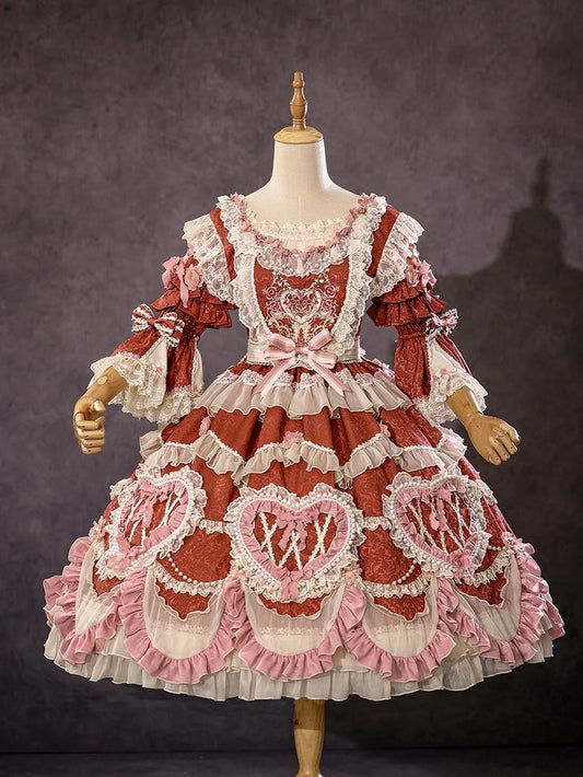 Wunderschönes rotes Hanayome Lolita-Kleid mit Blumenstickerei und Perlenkettendetails