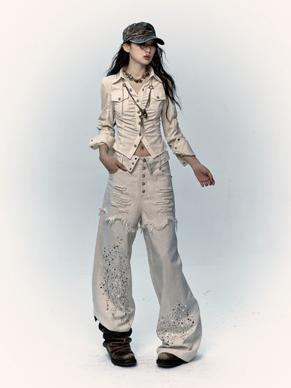 Aprikosenfarbene Distressed-Jeans mit weitem Bein und Strass