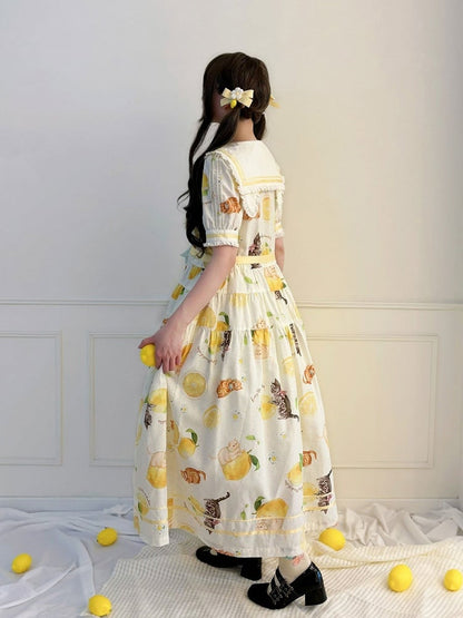 Yellow Sailor Collar Floral Print High Waist Dress with Cat Motif - Cutey Mask