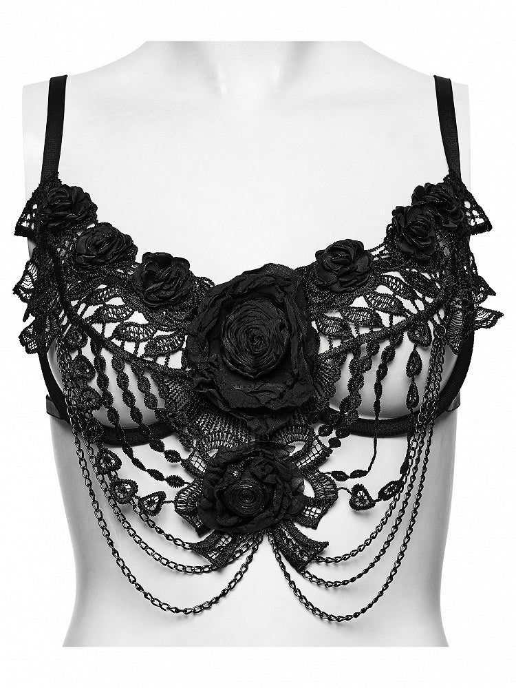 Goth Lace Bralet with Black Rose and Chain Detail - Punk Rave