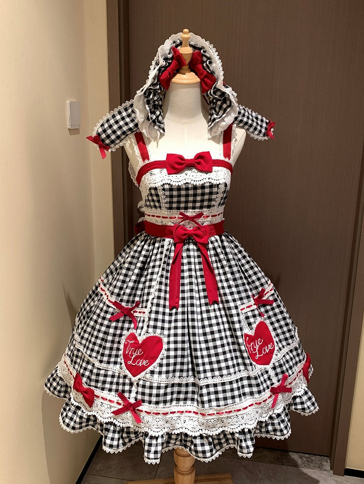 Altes Lolita-Kleid aus Baumwolle, weiß, schwarz, karierter Rock, Pullover und Schule