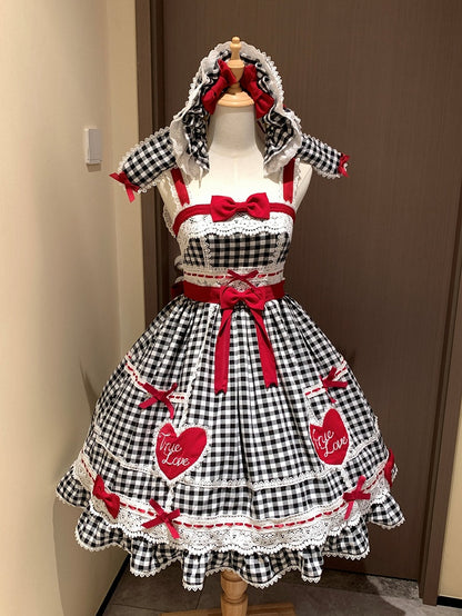 Altes Lolita-Kleid aus Baumwolle, weiß, schwarz, karierter Rock, Pullover und Schule