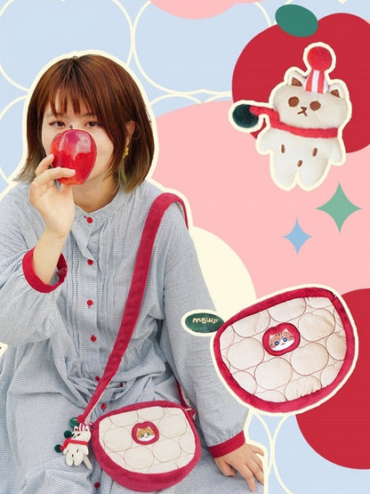 Cute Cat And Apple Pattern Red&White Crossbody Bag