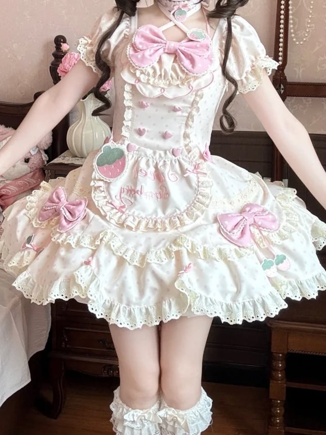 Details Lace Bow OP Strawberry with Beige Lolita Themed Cute and Polka Pink Dot Dress