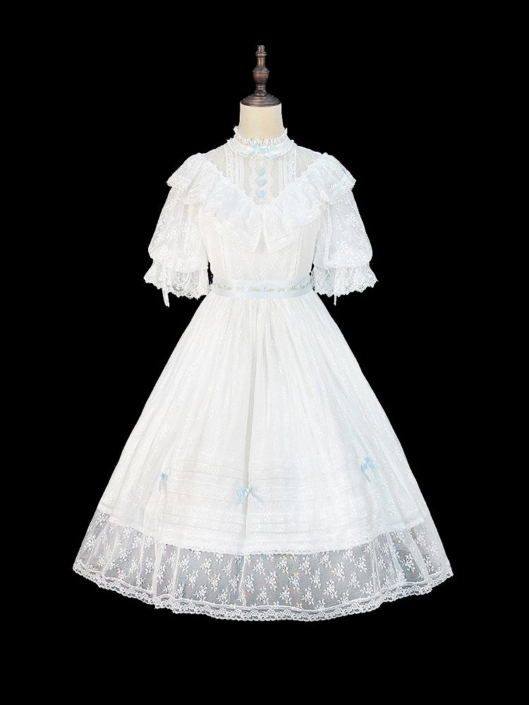 Blue and White Lolita OP Gown with Edward Collar, Sheer Lace and Ribbon Trims - Miss Cube Dressworks